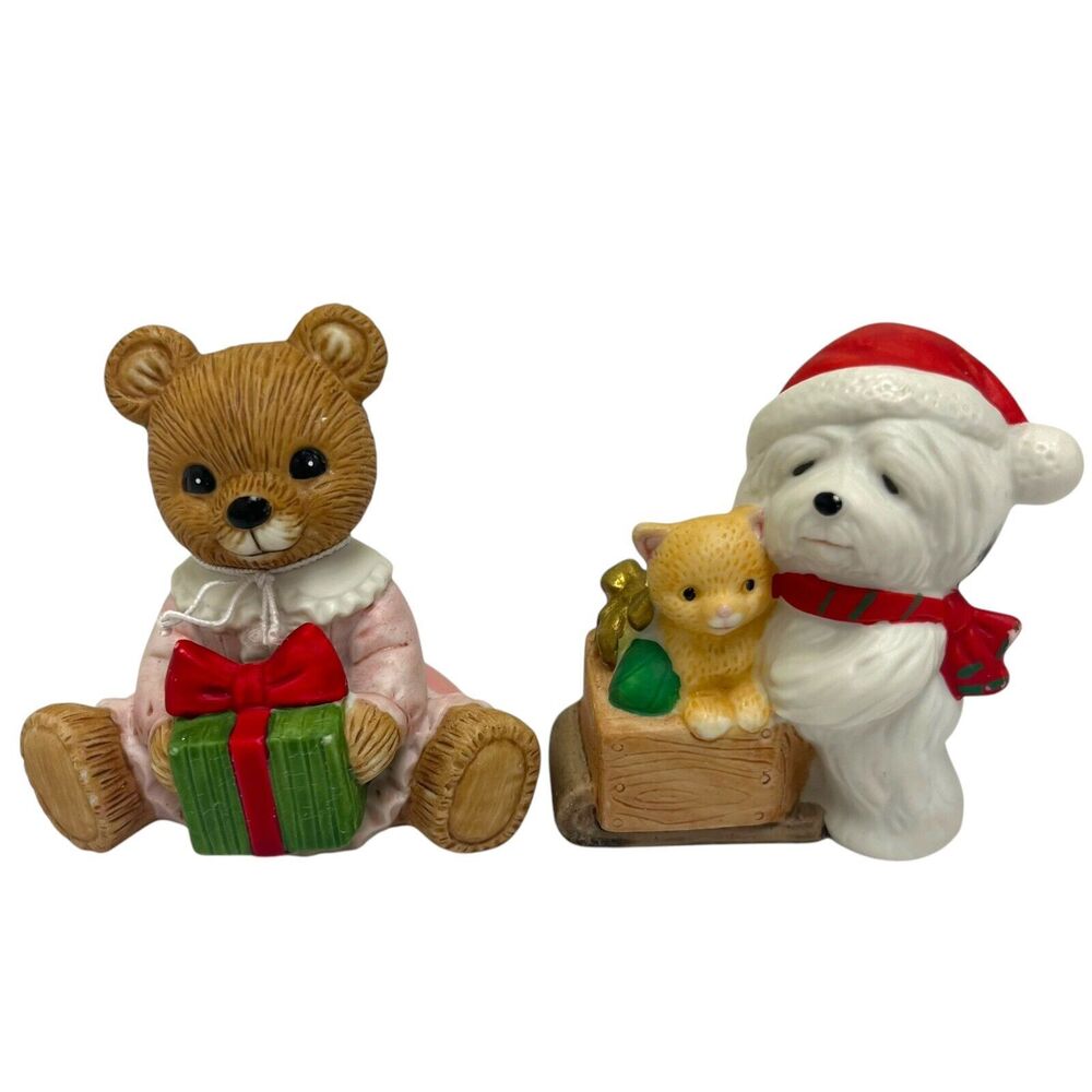 Vintage Homco Christmas Figurine Lot Dog & Cat Santa Hat Bear Dress Present